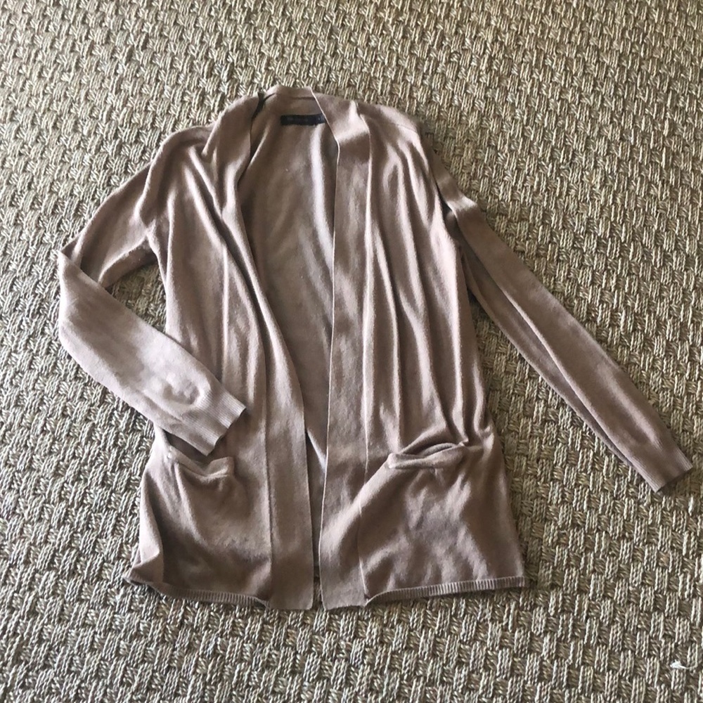 Tan long cardigan.